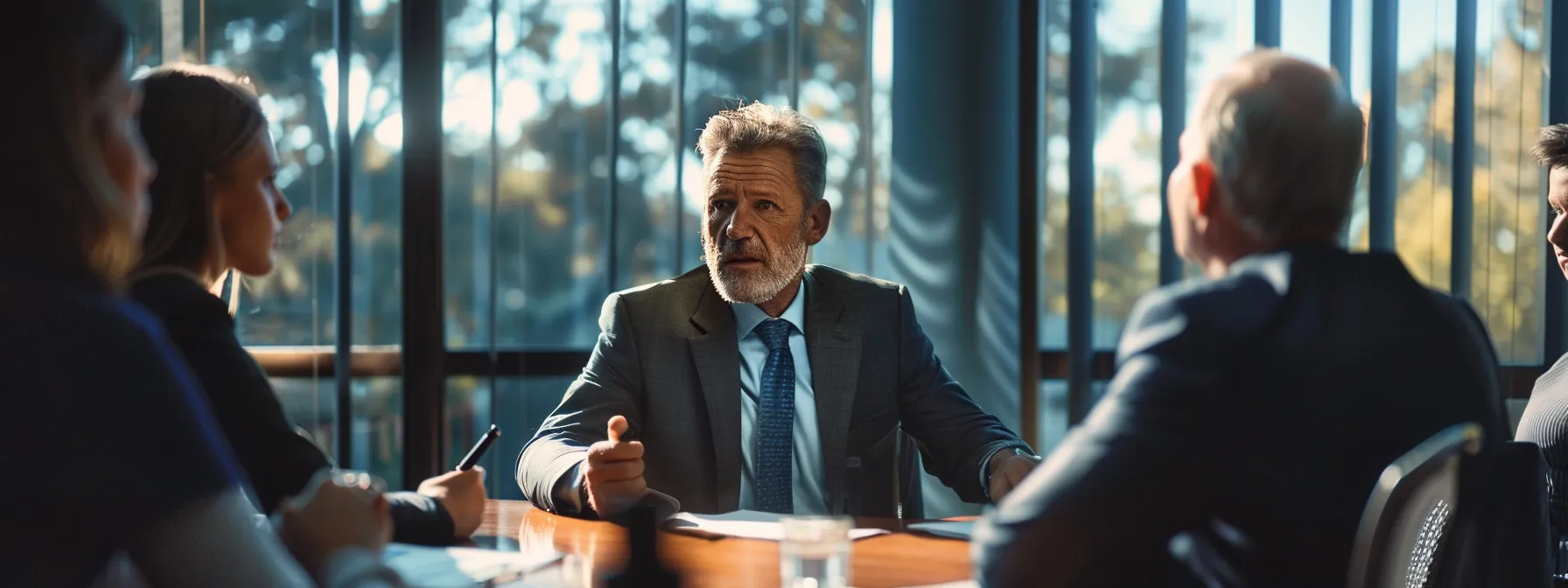 a professional lawyer representing a car accident victim at a negotiating table with insurance company representatives.